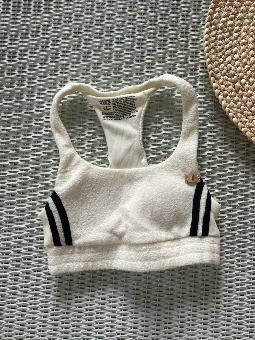 Victoria's Secret Cream Sports Bra with Black Stripe Accents